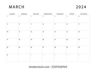 Calendario de marzo de 2024. Plantilla de planificación mensual. Empieza el domingo. Diseño de vectores