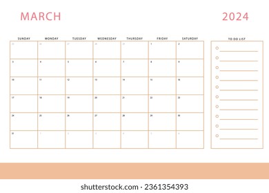 Calendario de marzo de 2024. Plantilla de planificación mensual. Empieza el domingo. Diseño de vectores