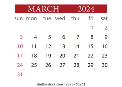 MARCH 2024 calendar monthly planner start sunday template vector.