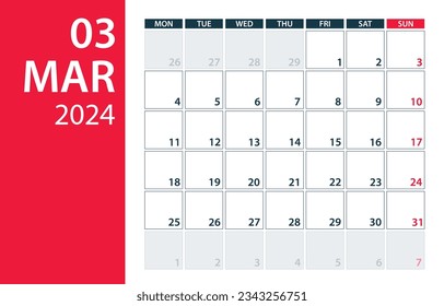 March 2024 Calendar Planner - Vector. Template Mock up