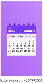 March 2024 calendar. Purple calendar story. 2024 Weekend includes saturday and sunday. Planner template. Monthly calendar view march 2024. Vector illustration