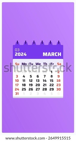March 2024 calendar. Purple calendar story. 2024 Weekend includes saturday and sunday. Planner template. Monthly calendar view march 2024. Vector illustration