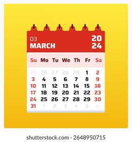 March 2024 calendar. Red calendar square. 2024 Weekend on sunday and saturday. Printable calendar design. Monthly date sheet march 2024. Vector illustration.

