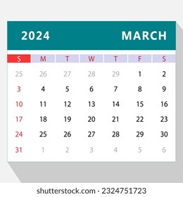 Plantilla de calendario de marzo de 2024. Diseño de vectores