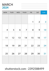 March 2024 - Calendar 2024 template vector illustration, week start on monday, Wall calendar 2024 design, Desk calendar template, corporate planner template, Stationery, organizer diary, vector