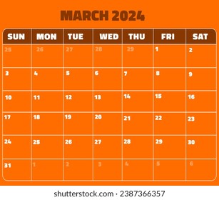 March 2024 calender.Week starts Sunday.  organizer grid. diary. flat Vector design.simple minimal design