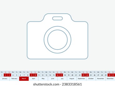 March 2024 for desk calendar, one line vector template calendar in English.