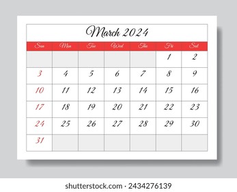 Marzo 2024 calendario mensual en inglés. Ilustración imprimible vectorial. Planificación mensual de sus eventos