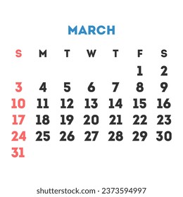 Monatskalender März 2024. Vektorgrafik.