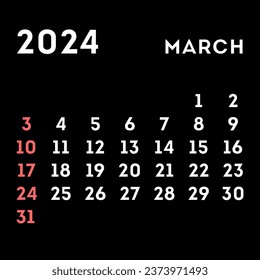 March 2024 month calendar. Vector illustration.