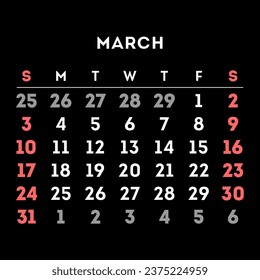 March 2024 month calendar. Vector illustration.