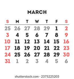 March 2024 month calendar. Vector illustration.