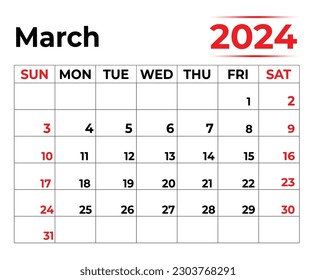 March 2024 monthly calendar design in clean look week starts from sunday