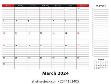 March 2024 Monthly Desk Pad Calendar week starts from sunday, size A3. March 2024 calendar planner with to-do list and place for notes.