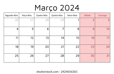 Calendario portugués de marzo de 2024. Ilustración vectorial. Planificación mensual para su negocio en Portugal
