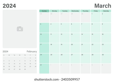 March 2024 table calendar or desk planner with space for your picture, vector design, weeks start on Sunday