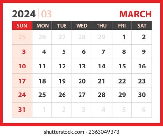 Plantilla de marzo de 2024, vector de diseño del Calendario 2024, diseño del planificador, Semana comienza el domingo, Plantilla de calendario de Escritorio 2024, Papelería. Calendario de pared sobre fondo rojo, vectores 10