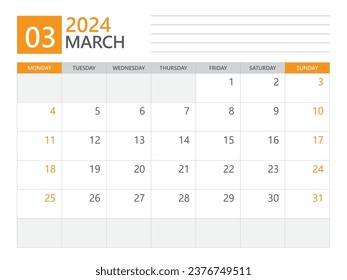 March 2024 template, Calendar planner 2024, week start on Monday, Desk calendar 2024 year, simple planner and clean design, Wall calendar design, Corporate planner template, print media vector