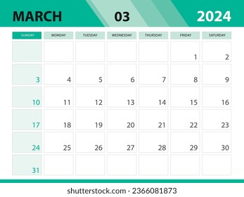 March 2024 template, Calendar 2024 template vector, planner monthly design, Desk calendar 2024, Wall calendar design, Minimal style, advertisement, poster, printing media, green background concept
