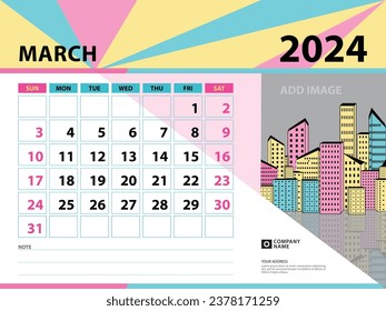 March 2024 template - Calendar 2024 year design, Desk calendar 2024 year, Planner, Week starts on Sunday, Wall calendar design, Stationery design, vintage background vector eps10