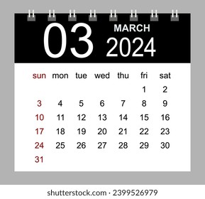 March 2024. Vector monthly calendar template 2024 year in simple style for template design. Week starts from Sunday.