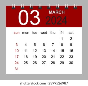 March 2024. Vector monthly calendar template 2024 year in simple style for template design. Week starts from Sunday.