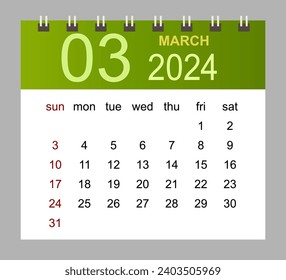 März 2024. Vektor Monatskalender Vorlage 2024 Jahr in einfachem Stil für das Template-Design. Die Woche beginnt am Sonntag.