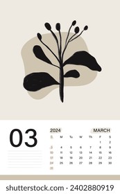 March 2024 wall calendar in soft beige color theme with botanical art, weeks start on Monday, vector illustration design