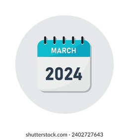 March 2024 year calendar symbol icon vector illustration in cyan blue color.
