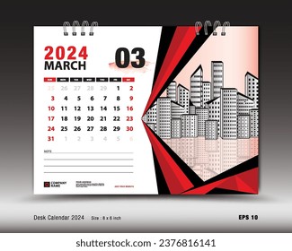 March 2024 year, Desk calendar 2024 template, Printable, Planner, Wall calendar design, Week starts on Sunday, Stationery design, Printing media, advertisement, calendar design vector illustration