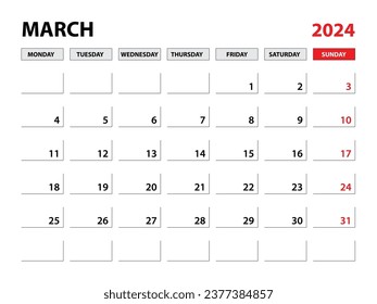 March 2024 year planner template, calendar 2024 template, monthly and yearly planners. organizer diary. week start monday, corporate planner template, Desk calendar 2024, Horizontal layout, vector