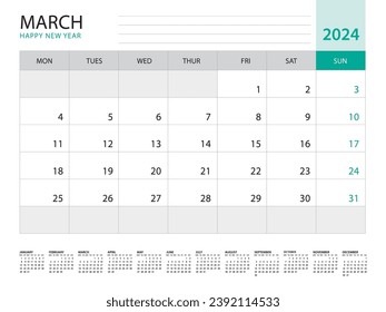 March 2024-Calendar 2024 template vector on green background, week start on monday, Desk calendar 2024 year, Wall calendar design, corporate planner template, Stationery, organizer diary, vector