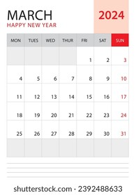 March 2024-Calendar 2024 template vector on red background, week start on monday, Desk calendar 2024 year, Wall calendar design, corporate planner template, Stationery, organizer diary, vector