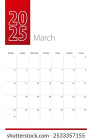 March 2025 calendar design. Week starts on Monday. Vertical 2025 calendar template.