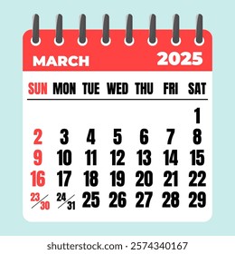 March 2025 Calendar. Desk Calendar 2025, Template Minimalist Calendar with Flat Design