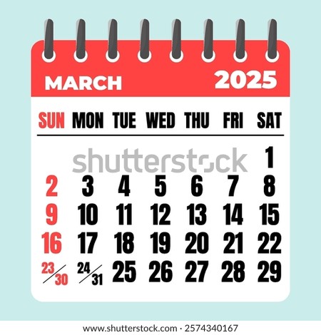 March 2025 Calendar. Desk Calendar 2025, Template Minimalist Calendar with Flat Design
