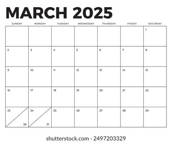 Calendario de marzo de 2025. Se ajusta a la página Tamaño de letra. La semana comienza el domingo. Plantilla de calendario en blanco. Diseño de Papelería.