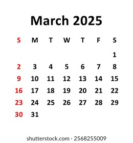 march 2025. Calendar with holydays or red dates. monthly calendar design with week starts on sunday. printable, simple, and clean vector design isolated on white background.