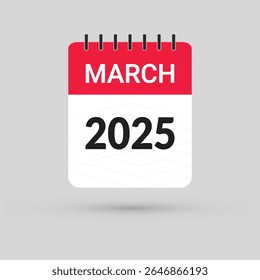 Icono del calendario de marzo de 2025 en estilo de diseño plano sobre fondo blanco