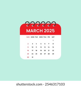 Calendario de marzo de 2025. Calendario 2025 en ilustración de stock de Vector de estilo plano.