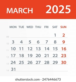 March 2025 Calendar Leaf - Illustration. Vector graphic page