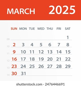 March 2025 Calendar Leaf - Illustration. Vector graphic page