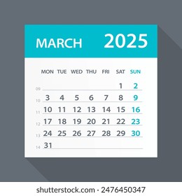 March 2025 Calendar Leaf - Illustration. Vector graphic page