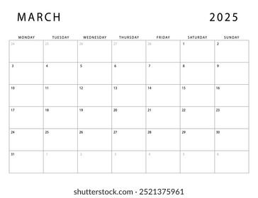 March 2025 calendar. Monthly planner template. Monday start. Vector design