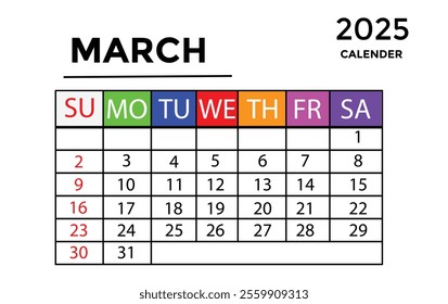 March 2025 calendar. Monthly planner template. Sunday start. vector illustration
