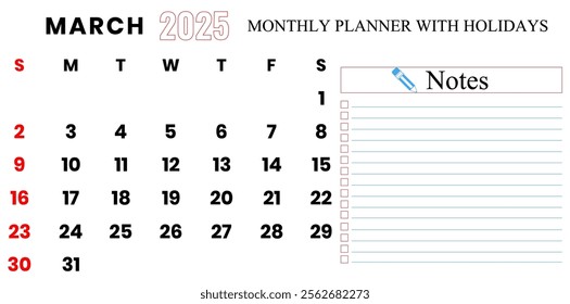 March 2025 Calendar, Monthly Planner With Holidays Vector Illustration.	