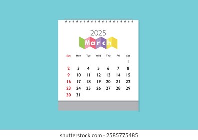 March 2025 Calendar on blue background. Date month of March 2025. Page of annual monthly calendar March 2025.