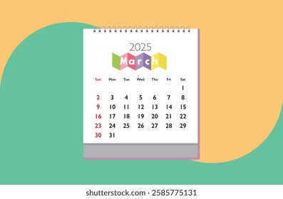 March 2025 Calendar on cream and light green background. Date month of March 2025. Page of annual monthly calendar March 2025.