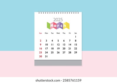 March 2025 Calendar on light blue and light pink background. Date month of March 2025. Page of annual monthly calendar March 2025.