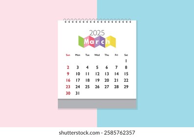 March 2025 Calendar on light pink and light green background. Date month of March 2025. Page of annual monthly calendar March 2025.
